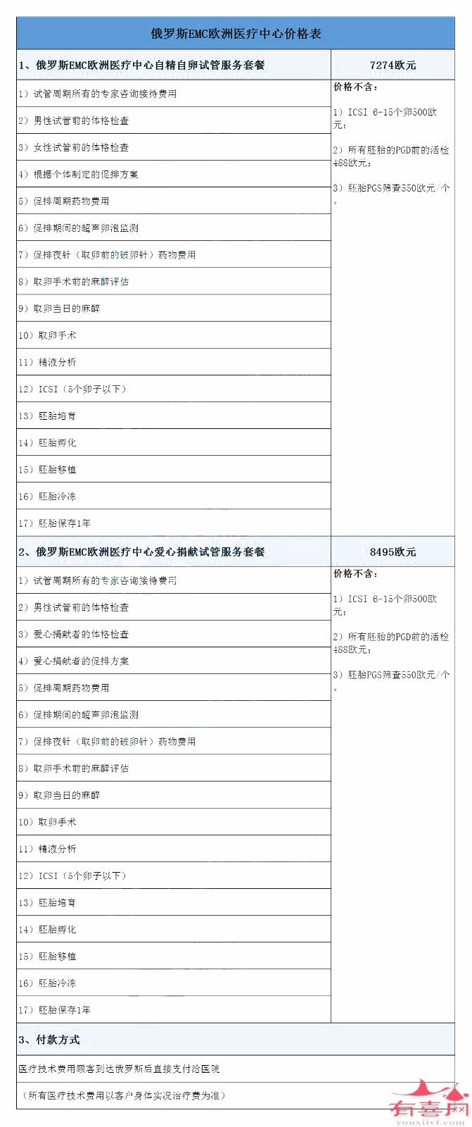 俄罗斯EMC欧洲医疗中心价格表